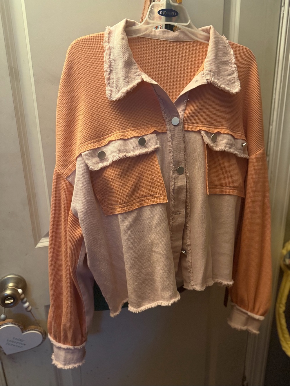 Two-Tone Coral & Blush Button-Front cropped Shacket